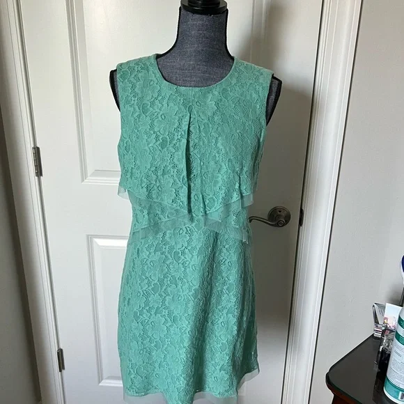 bcbg green lace dress BCBGMAXAZRIA Womens Pleated Lace Mini Dress Green SZ 10 12